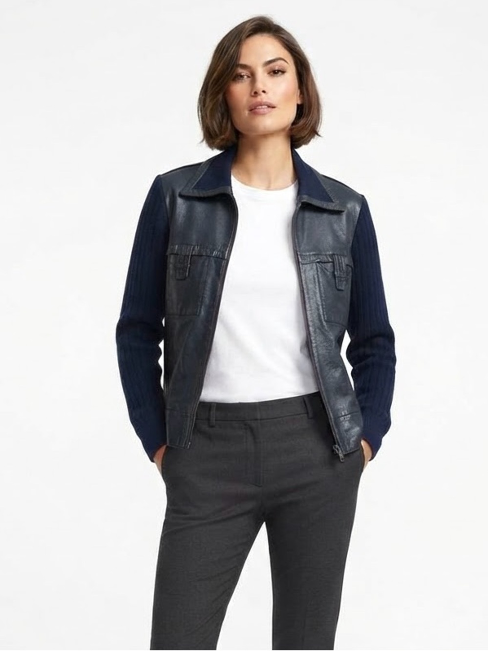 Vintage Navy Blue Wool Blend Ribbed Knit Bomber Jacket Utility Retro Pleather
